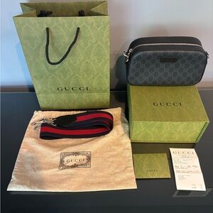 Gucci GG Supreme Canvas Crossbody Bag Red and Blue Strap 574886